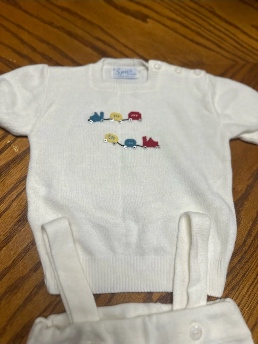 Vtg Spur Creations Cream Knit Baby Suspender Short Set with Colorful Train